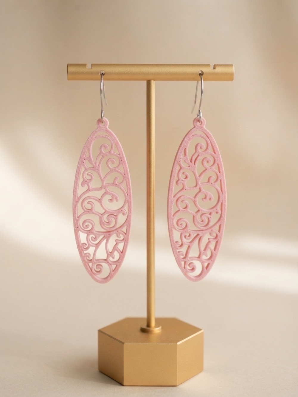 Pink Filigree Oval Drop Earrings - Women Jewelry